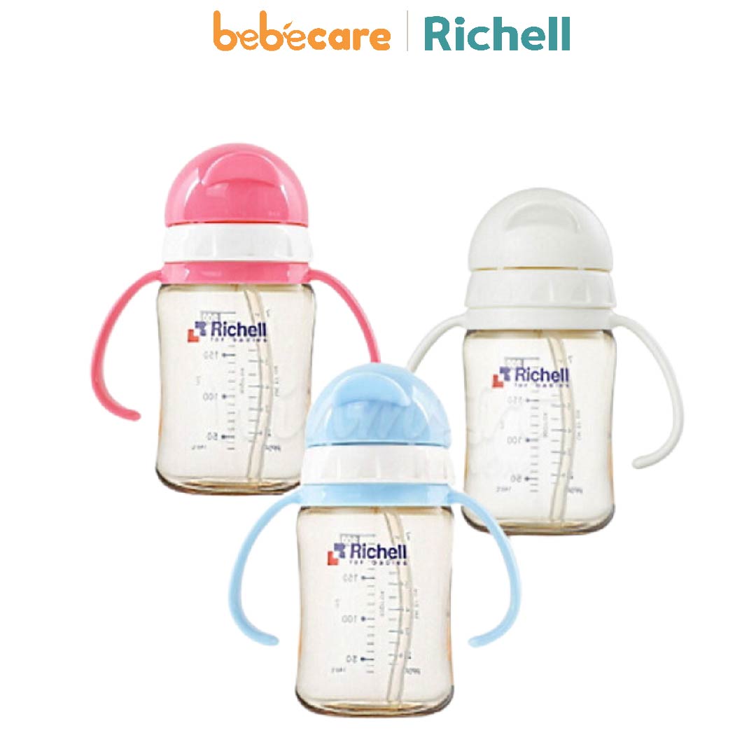 Richell 1 (1080)-Bình Ống Hút PPSU Richell 200ml (Trắng - Hồng - Xanh)